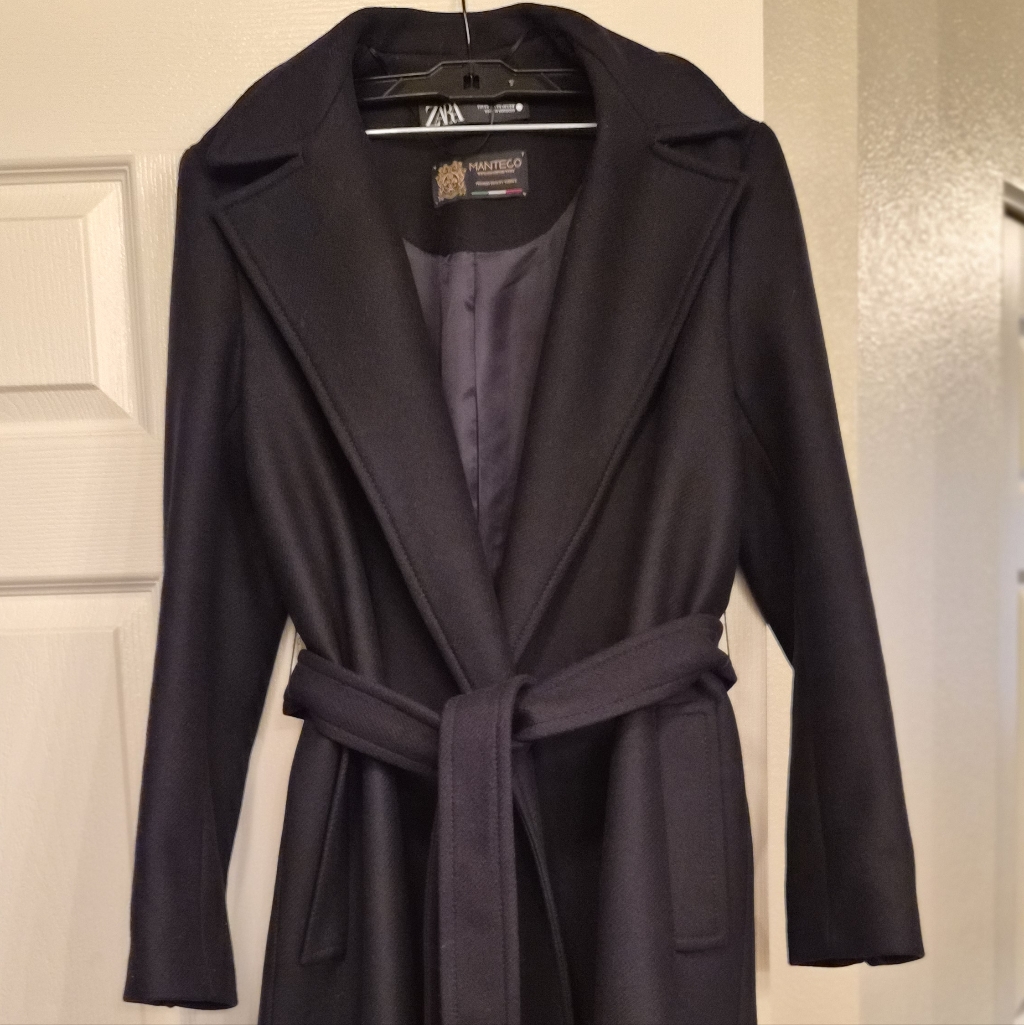 Zara Black Belted Manteco Wool Coat Xs